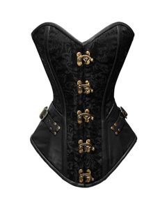Black Double Steel Boned Waist Training Brocade & Leather Long Overbust Shaper Corset