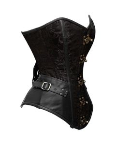 Black Double Steel Boned Waist Training Brocade & Leather Long Overbust Shaper Corset