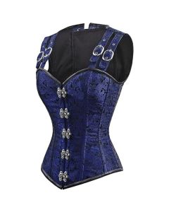 Heavy Duty Steel Boned Over Bust Waist Training Brocade Hourglass Blue Corset 
