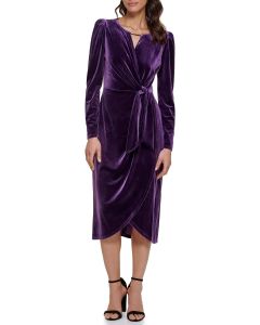 kensie Women's Gold Hardware Stretch Velvet Long Sleeve Midi Dress