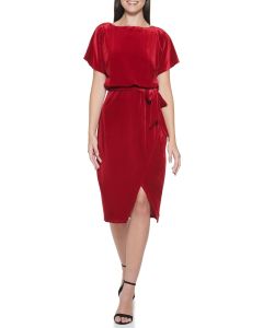 kensie Women's Tie Waiste Stretch Velvet Blouson Dress