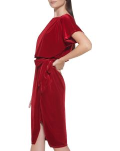 kensie Women's Tie Waiste Stretch Velvet Blouson Dress
