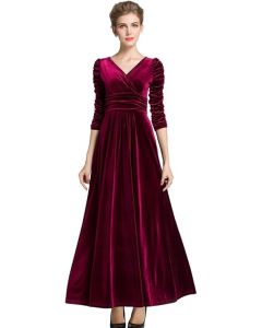 Long Sleeve V Neck Velvet Maxi Dress