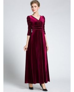 Long Sleeve V Neck Velvet Maxi Dress
