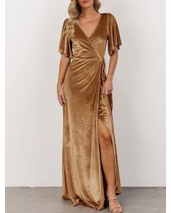 Velvet Maxi Dress Bell Sleeve Split Bridesmaid Cocktail Party Dresses