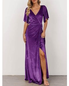 Velvet Maxi Dress Bell Sleeve Split Bridesmaid Cocktail Party purple Dresses