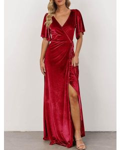 Velvet Maxi Dress Bell Sleeve Split Bridesmaid Cocktail Party Red Dresses