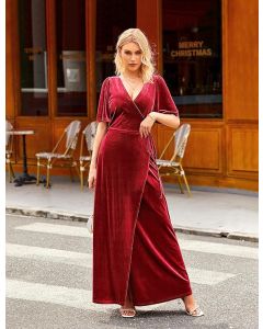 Velvet Maxi Dress Bell Sleeve Split Bridesmaid Cocktail Party Red Dresses