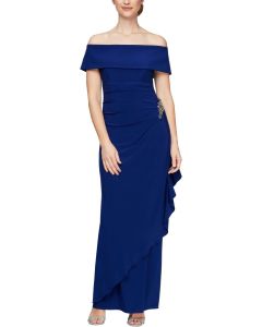 Women's Long Foldover Off The Shoulder Gown, Formal Event, Mother of The Bride Dress blue