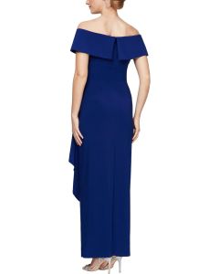 Women's Long Foldover Off The Shoulder Gown, Formal Event, Mother of The Bride Dress blue