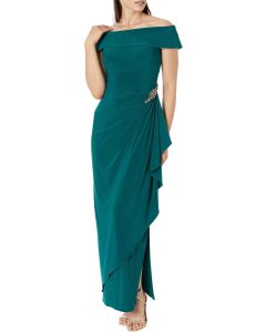 Women's Long Foldover Off The Shoulder Gown, Formal Event, Mother of The Bride Dress emerald