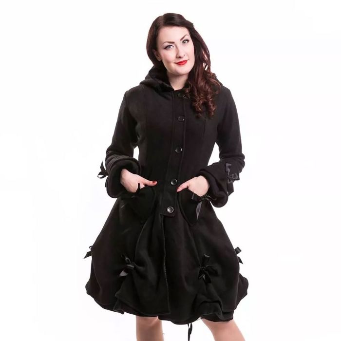 Black Fleece Hooded Coat Flared Sleeves Heart Shaped Pockets Gathered Hem Ribbon Detailing Corseted Back Button Fastening