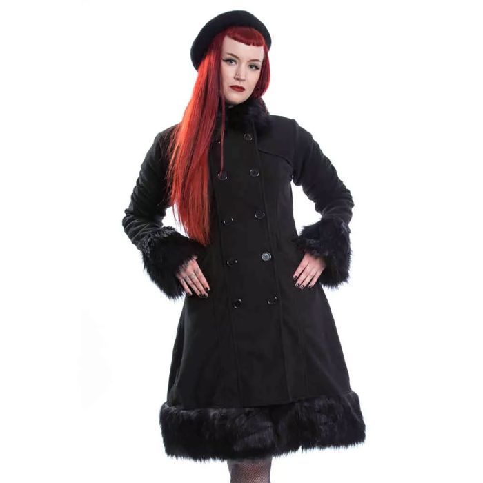 Gothic Winter coat HARRIET COAT LADIES BLACK Winter coat with fake fur collar cuffs and hem
