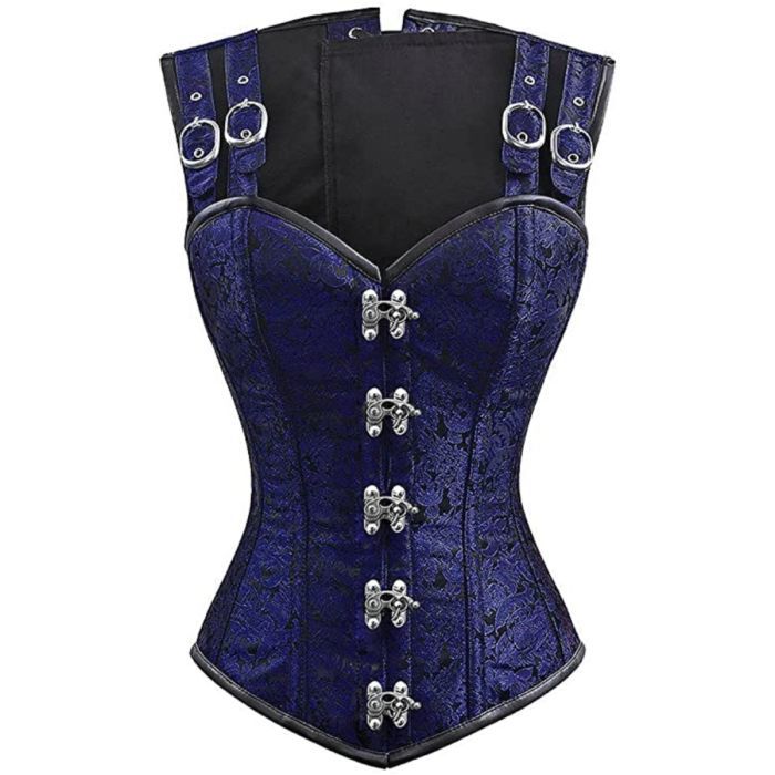 Heavy Duty Steel Boned Over Bust Waist Training Brocade Hourglass Blue Corset 