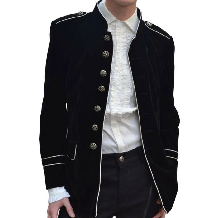 Men's handmade Black COTTON Jacket Black Military Style Sliver piping Men's Gothic fashion coat