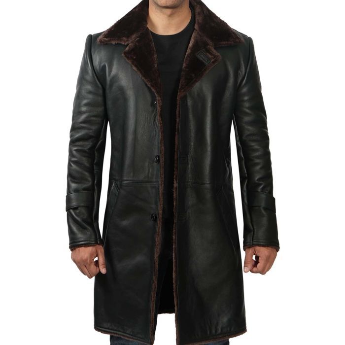 Mens Long Black Leather Coat with Brown Fur Shearling