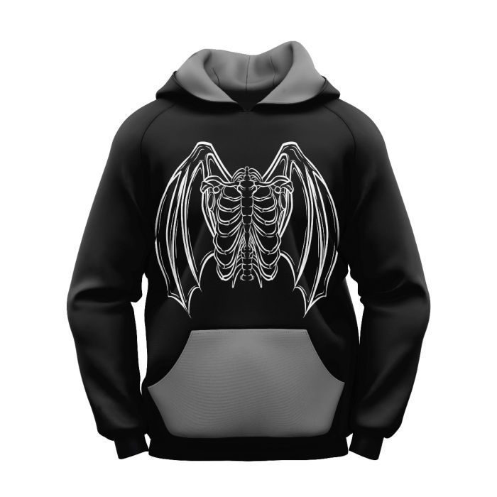 Sublimated Black Devil Skull and Wings Gothic Hoodie