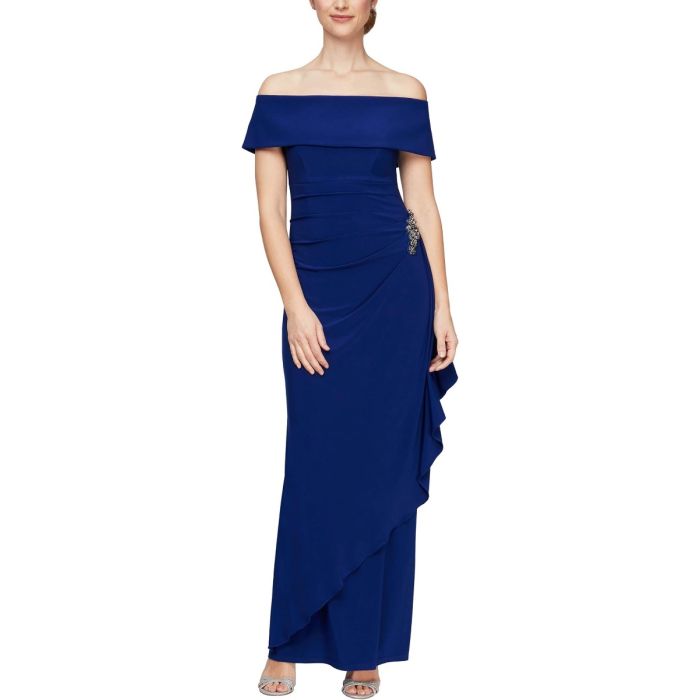 Women's Long Foldover Off The Shoulder Gown, Formal Event, Mother of The Bride Dress blue