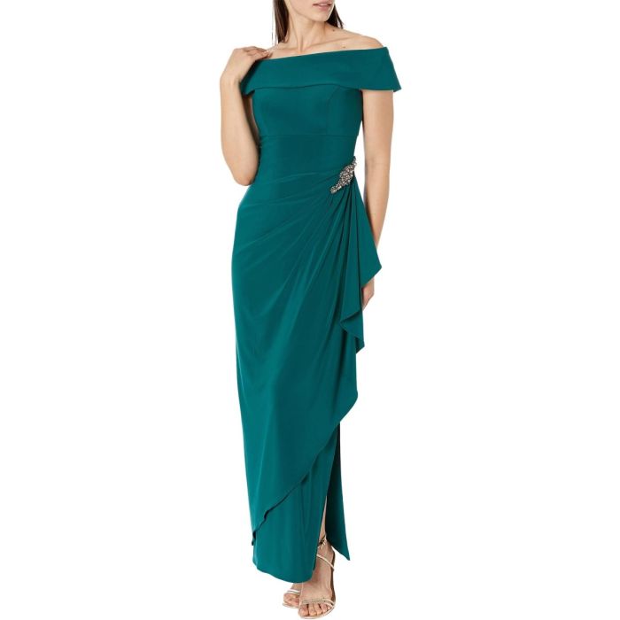 Women's Long Foldover Off The Shoulder Gown, Formal Event, Mother of The Bride Dress emerald