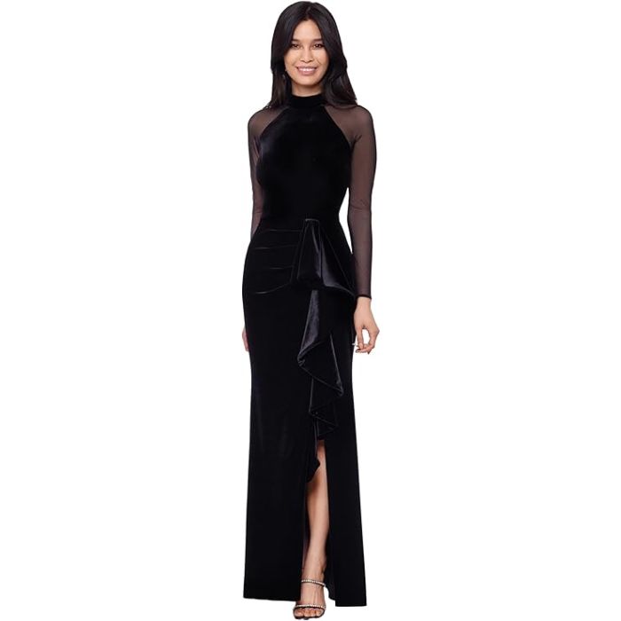 Women's Long Velvet Illusion Sleeve Mock Neck Ruched Gown