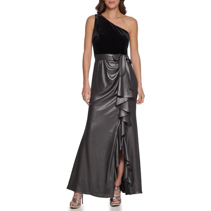 Women's Velvet Foil Chiffon Ruffle Skirt Mix Media Dress