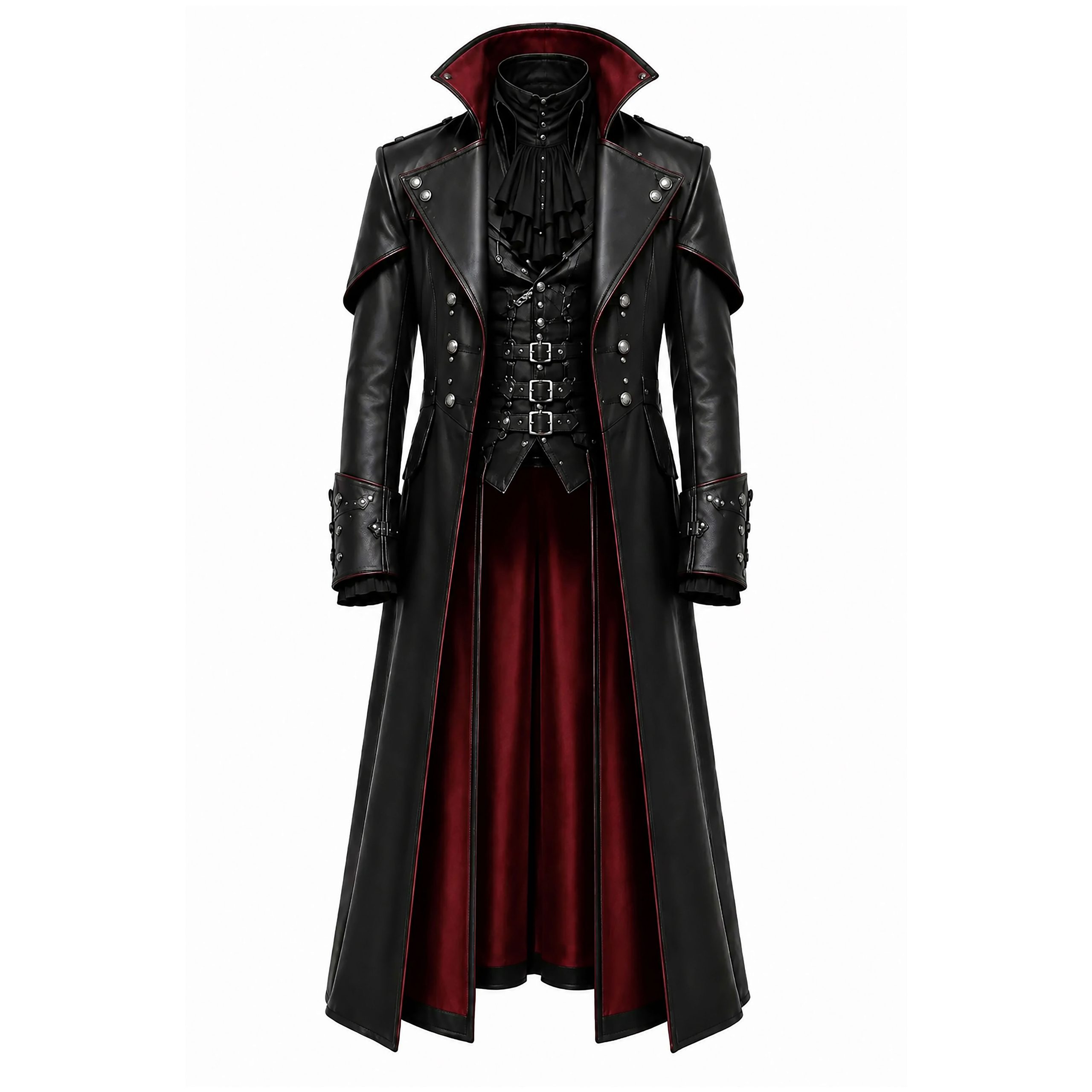 Crimson-Nocturne-Leather-Coat-fronty Black & Burgundy Gothic Leather Long Coat - Image 1