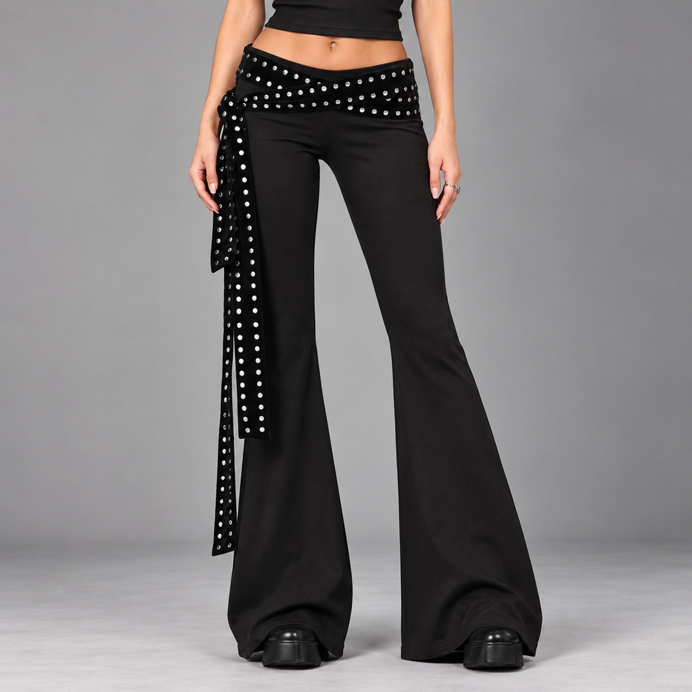 Black-Bell-Bottom-Pants,-front Black Studded Bell Bottom Pants - Image 1