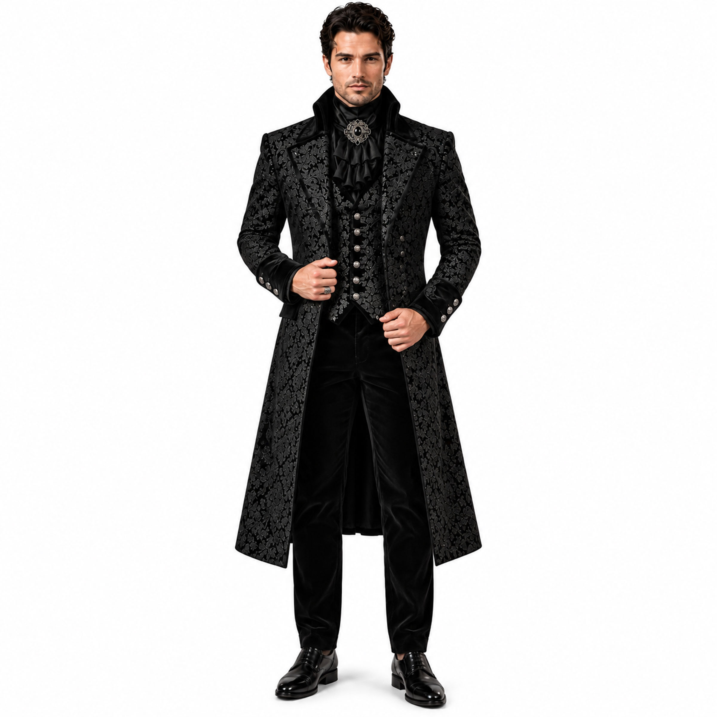 Black-Brocade-Tailcoat-front Black Gothic Brocade Tailcoat - Image 1