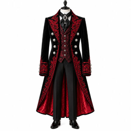 Black & Burgundy Gothic Velvet Long Coat