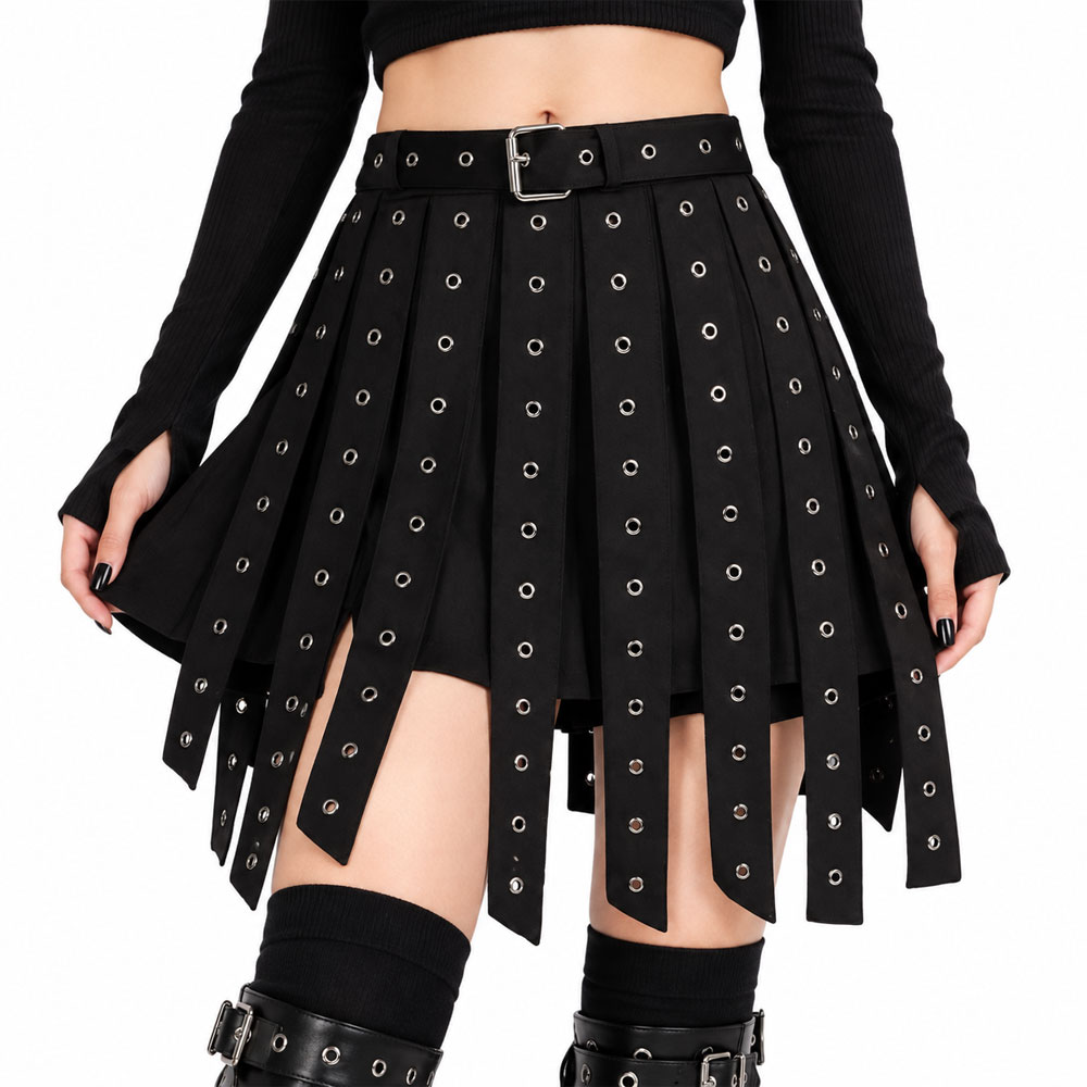 Black-Studded-Pleated-Mini-Skirt-front Black Studded Pleated Mini Skirt - Image 1