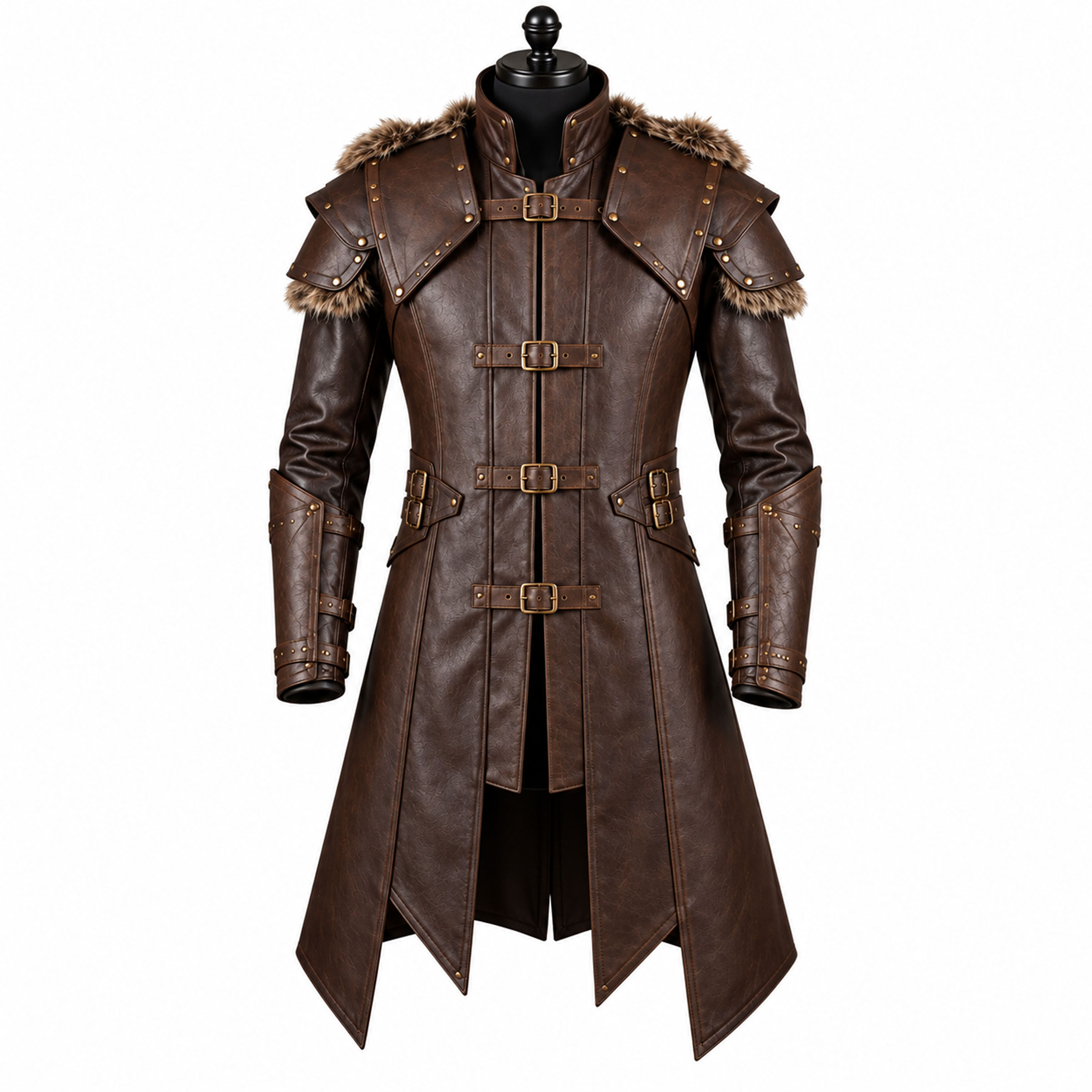 Brown-Gothic-Trench-Coat-front Men's Medieval Leather Coat - Image 1