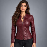Women’s Burgundy Fitted Moto Leather Jacket
