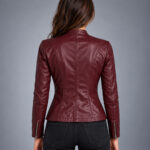Women’s Burgundy Fitted Moto Leather Jacket - Image 2