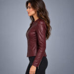 Women’s Burgundy Fitted Moto Leather Jacket - Image 3