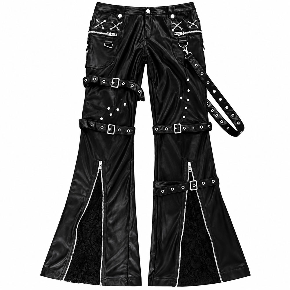 Punk-Buckle-Bell-Bottoms-FRONT Men’s Black Punk Buckle Flare Pants - Image 1