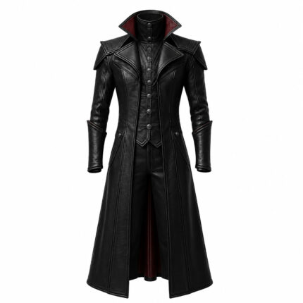 Black leather gothic trench coat with high collar, military-inspired detailing, long silhouette, and burgundy lining, front view.