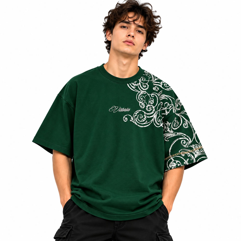 deep-forest-green-oversized-T-shirt-front Forest Green Baroque Graphic Oversized T-Shirt - Image 1