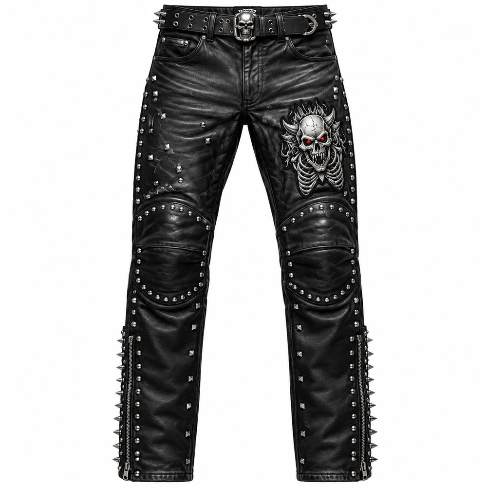 skull-pant Men's Black Studded Gothic Biker Pants - Image 1