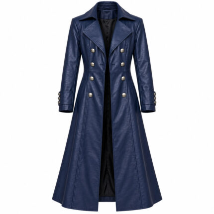 Navy Blue Leather Long Coat