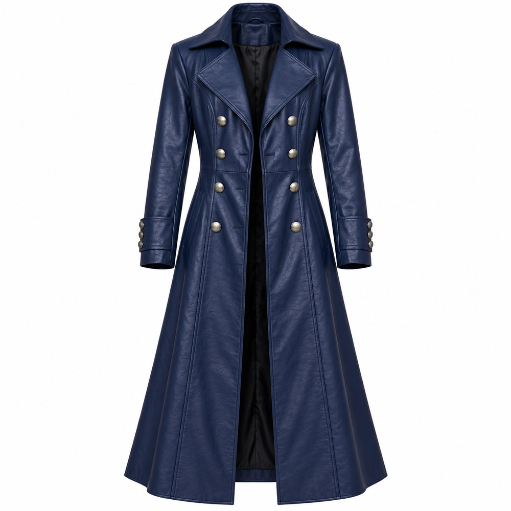 Navy-Blue-Leather-front Navy Blue Leather Long Coat - Image 1
