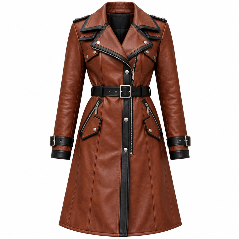 Vintage-Moto-Style-Belted-front Women's Vintage Brown Leather Moto Trench Coat - Image 1